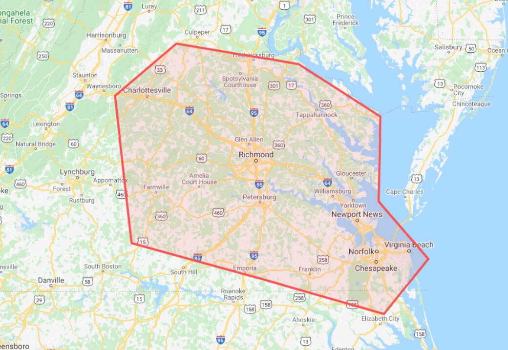 Map of Central Virginia service area, including Richmond, Charlottesville, Fredericksburg, Newport News, Norfolk, Virginia Beach, and Roanoke