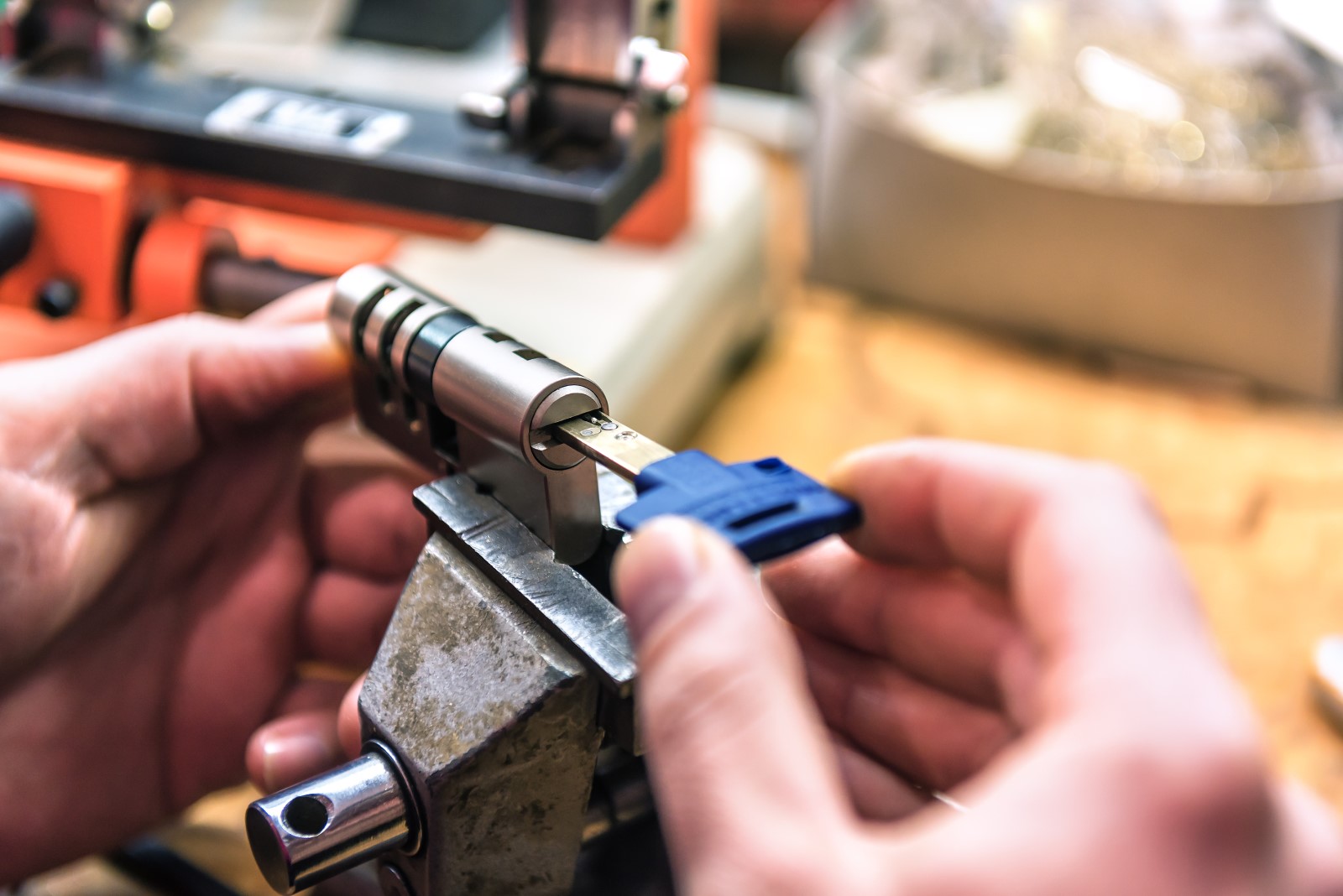 Locksmith master fixing high-security lock