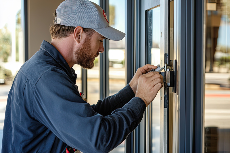 A commercial locksmith works on repairing a broken front door to a business