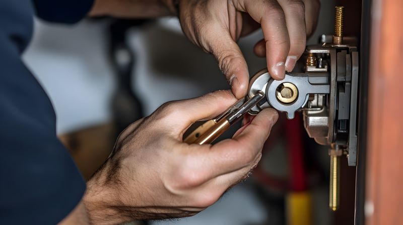 A commercial locksmith repairs a broken lock mechanism inside a door